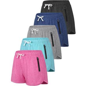 QWE 5 Pack Girls Athletic Shorts with Lock-Zip Pockets, Secure No-Slip Gym Dry-Fit Soccer Shorts for Youth Set A 10-12Years