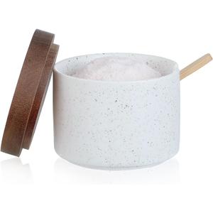 Ceramic Salt Cellar with Lid and Wooden Spoon, 8 Oz Speckled Salt Holder, Storage Canister for Sea Salt, Pepper, Spices, Herbs and Sugar