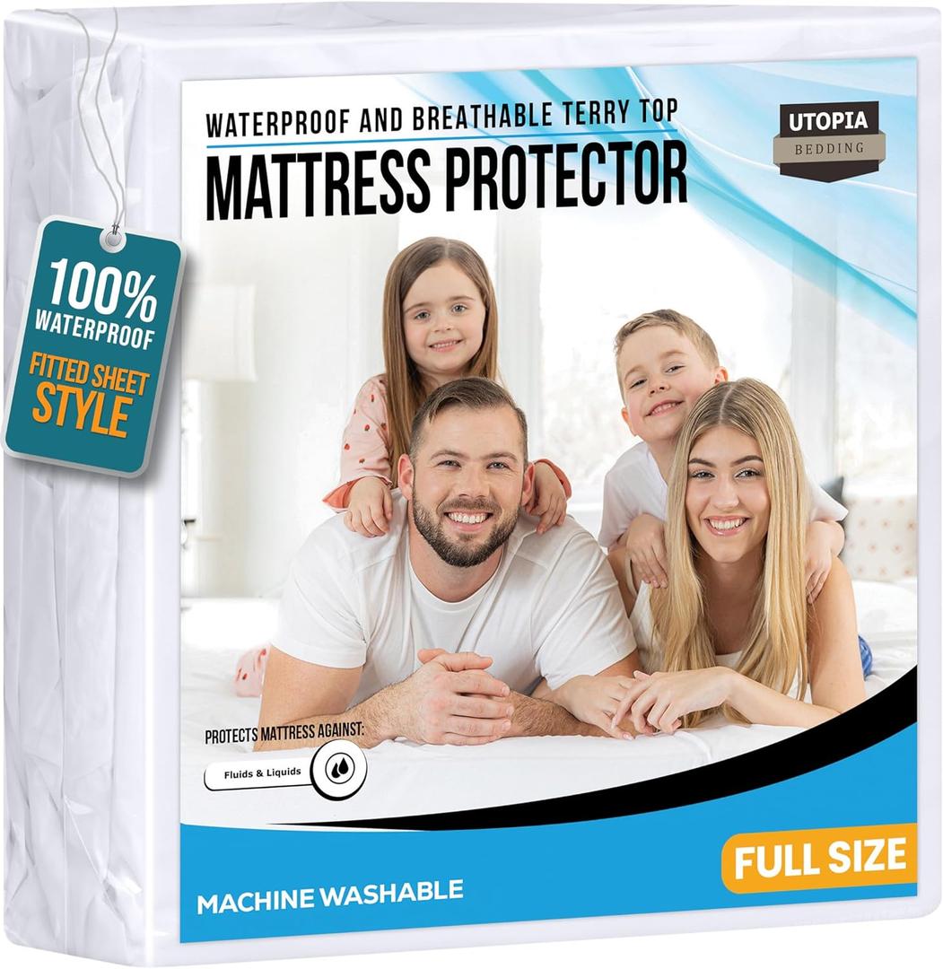 Utopia Bedding Waterproof Mattress Protector Full Size, Premium 200 GSM Terry Mattress Cover, Soft & Breathable Bed Cover, Fitted Sheet Style with Stretchable Deep Pockets 15" (White)