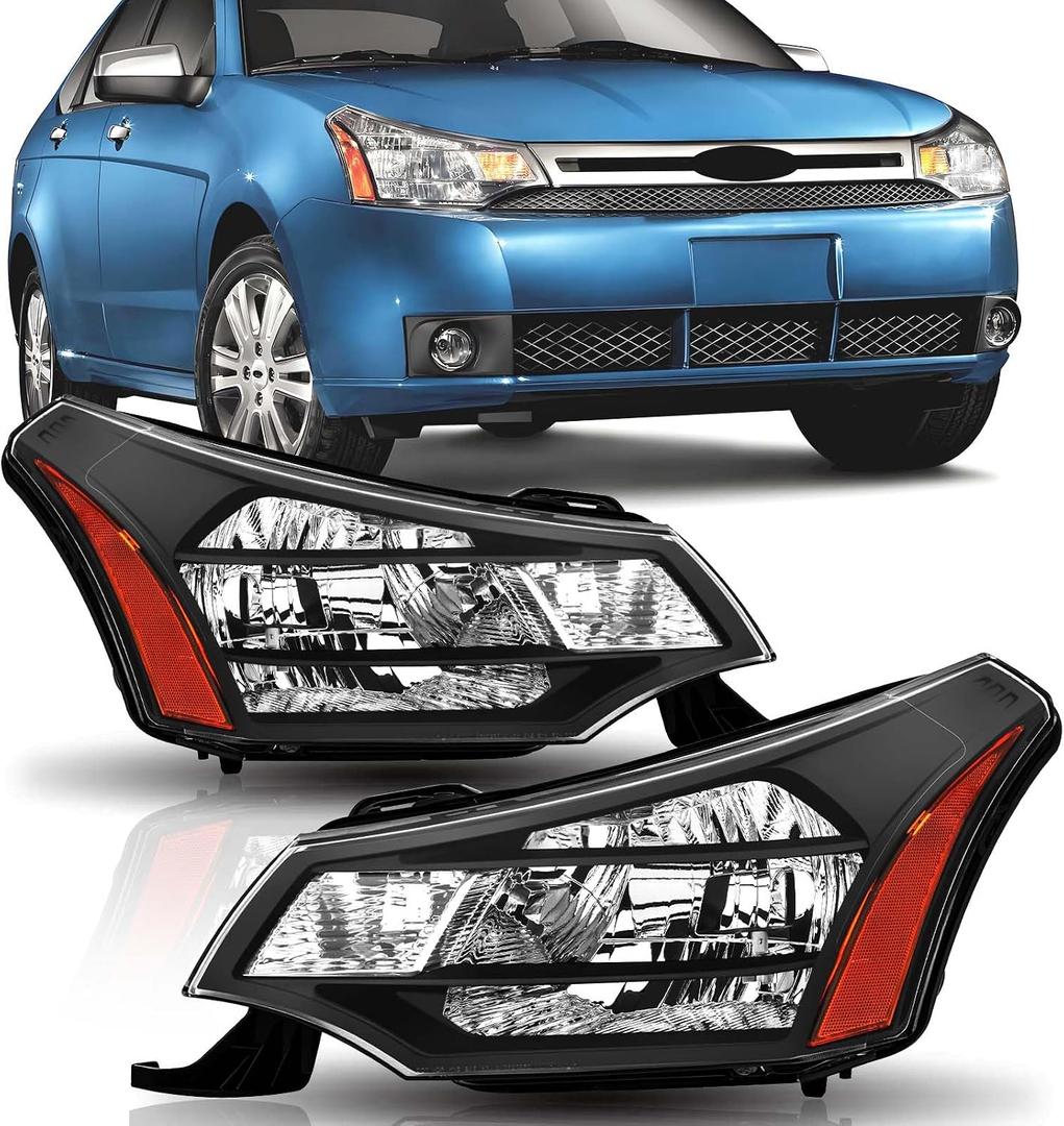 Headlights Assembly Compatible with 2008 2009 2010 2011 Ford Focus S SE SES SEL Halogen Headlamp Replacement Black Housing Amber, Driver and Passenger Side