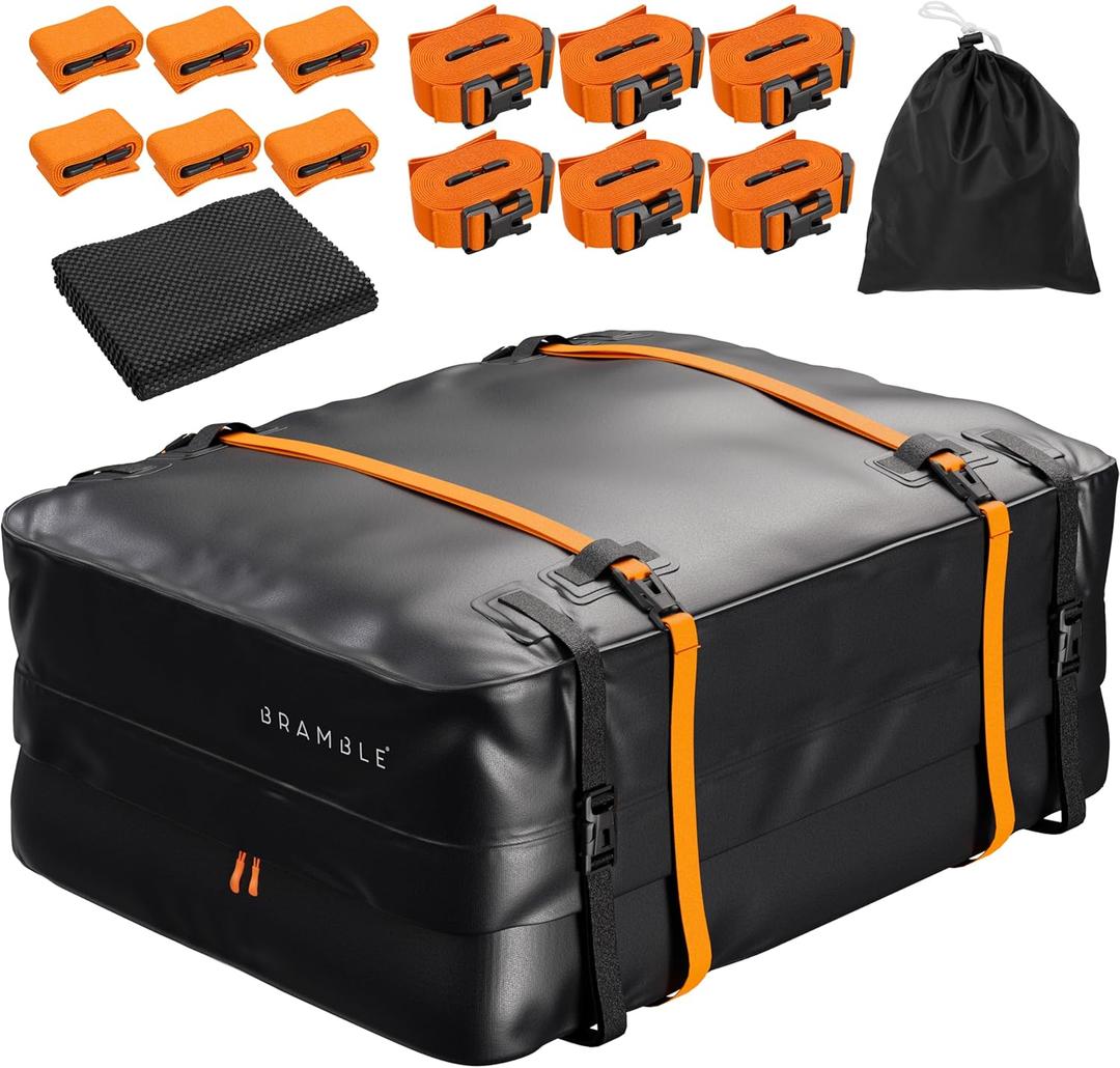 BRAMBLE Strong Car Roof Bag Rooftop Cargo Carrier 20 Cubic Feet, 100% Waterproof & Tear Resistant Car Roof Cargo Carrier, Fit for All Cars with/Without Roof Rack, Include Non-Slip Mat, Hooks, Straps (572-Litre Capacity)