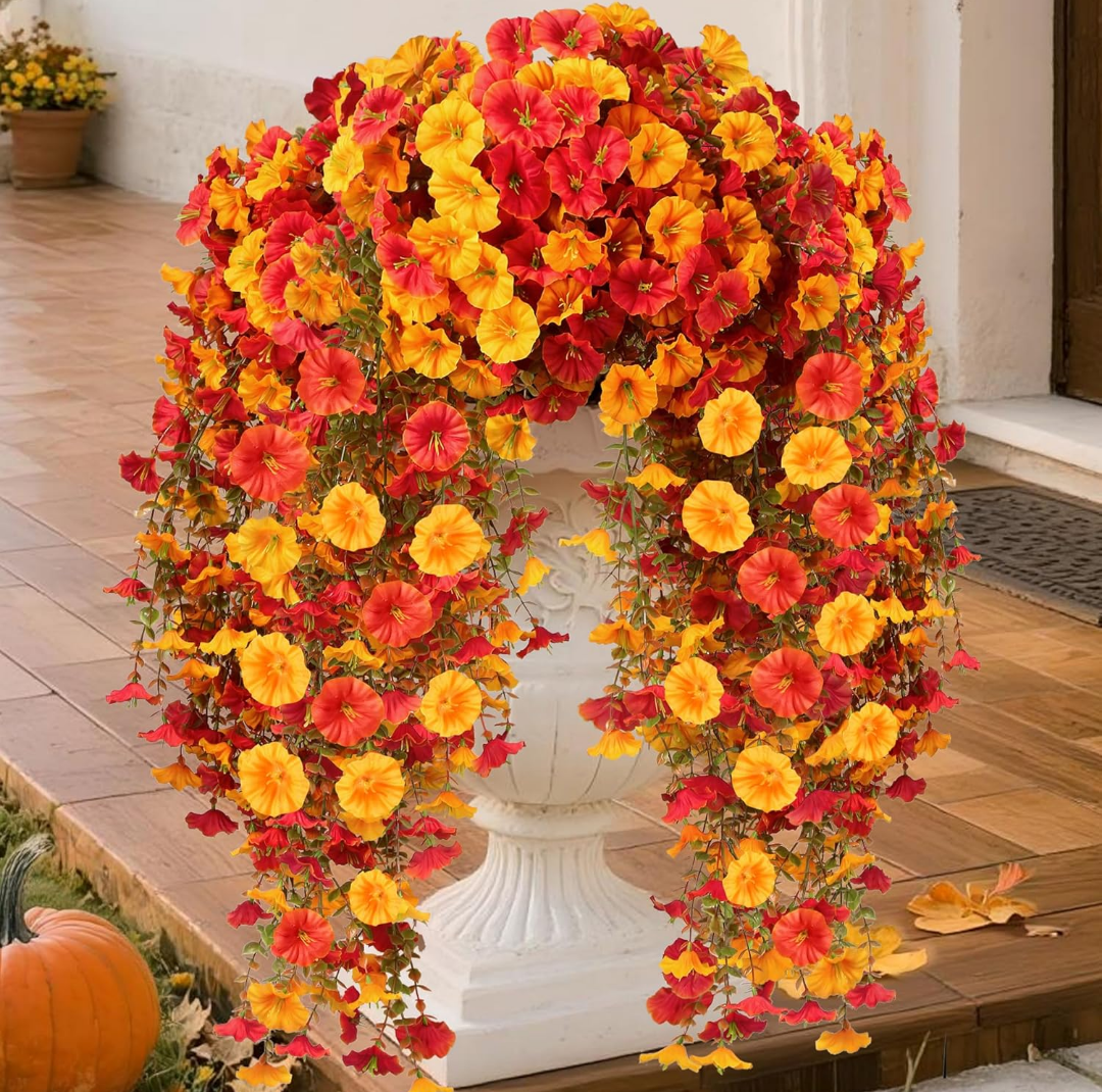 Artificial Fall Hanging Flowers for Outdoors, 2Pcs Faux Silk Fake Morning Glory Mums for Autumn, UV Resistant Realistic Plants for Home Garden Porch Patio Balcony Planter Yard (2Pcs Fall 2 Colors)