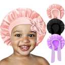 FIRSTPELLA 3 Pcs Baby Hair Bonnet for Sleeping - Kids Silk Satin Bonnets for Girls Curly Hair, Satin Sleep Bonnet for Teens Toddler Child(Pink+Black+Purple)