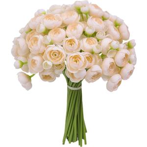 32Pcs Ranunculus Artificial Flower, Faux Light Champagne Ranunculus Flowers for DIY Bouquet, Bulk Fake Peony Wedding Filler Flowers for Centerpieces Arrangements Bridal Shower Decorations