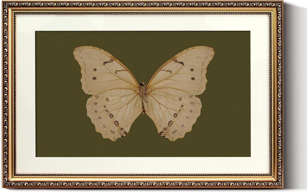 ARPEOTCY Vintage Gold Framed Large Wall Art, Classical White Butterfly Paintings, Dark Moody Green Canvas Prints Artwork with Antique Frame, Victorian Wall Decor for Gallery Living Room 16x24 inch