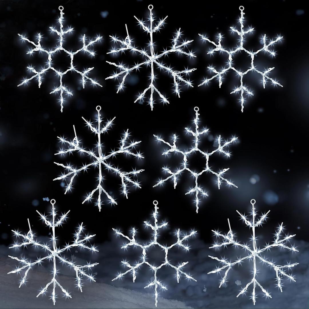 Tuanse 8 Pcs Christmas Silhouette Window Lights Christmas Snowflake Lights with Remote Control LED Lighted Snowflake Decorations Xmas for Window Wall (White)