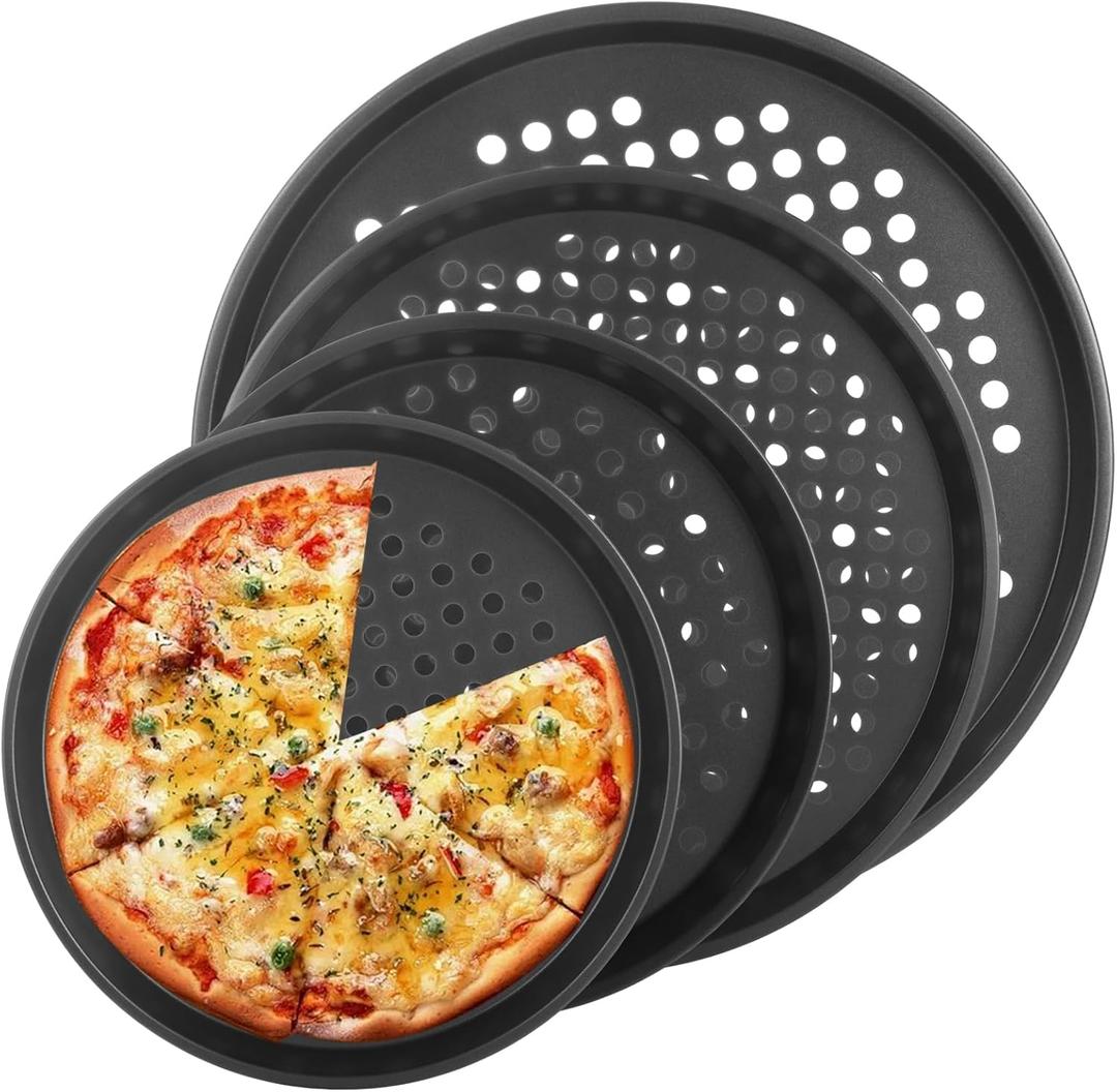 STARVAST 4 PCS Perforated Pizza Pan Set, Non-Stick Carbon Steel Pizza Pan with Holes for Crispy Crust, 9/10/11/12 Inch Professional Pizza Baking Pans for Oven