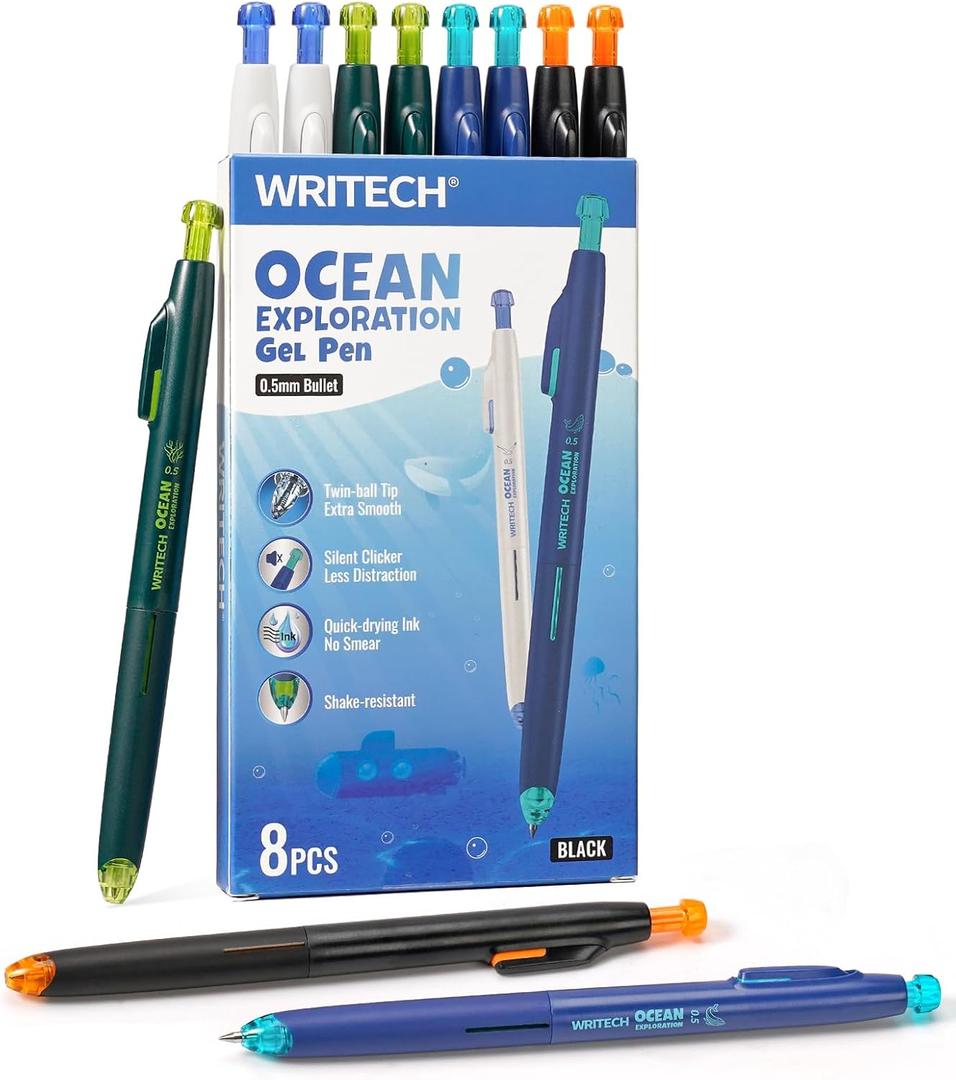 WRITECH Retractable Gel Ink Pens: 8ct Black Ink 0.5mm Fine Point Tip Click Pen for Smooth Writing Journaling Note Taking Sketching No Smudge & Smear