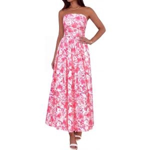 BTFBM Summer Maxi Dresses for Women 2026 Strapless Tube Top Floral Spring Wedding Guest Dress Beach Vacation Outfits (Small, Pink Flower)
