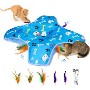 Interactive Cat Toy - Automatic Cat Toys Rechargeable for Indoor - Hide&Seek Cats Toy with 5 Moving Concealed Feathers - Touch Kitten Toy Exercise - Enrichment Toys Bored Cats(Blue) - 3 Speed Adjust