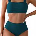 Fanuerg Women's High Waisted Bikini Sets Wide Straps Two Piece Swimsuit Floral Print Bathing Suits (Large, Blue Green)