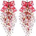 2 PCS 24" Valentine’s Day Glitter Heart Teardrop Swag Valentines Wreaths for Front Door Artificial Red Pink Hearts Shaped Berry Swags Wreath with Love Ribbon Wall Hanging Decor for Outdoor Window Home