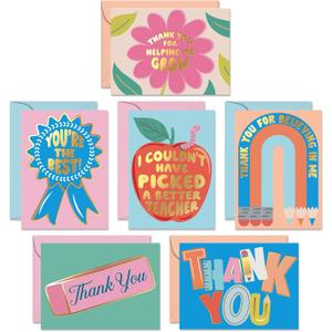 S&O Set of 24 School Teacher Appreciation Cards - 6 Assorted Thank You Notes - Cute Thanks Messages with Envelopes - Kids Grateful Designs for Mentor & Coach - Gratitude for Professors
