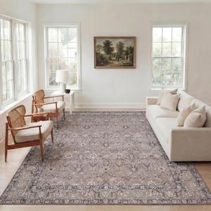 Kuden 8x10 inches Large Area Rug, Machine Washable Area Rug with Non-Slip Backing, Vintage Style, Soft, Easy Clean, Low Pile Rug for Living Room, Bedroom, Dining Room, Rectangular