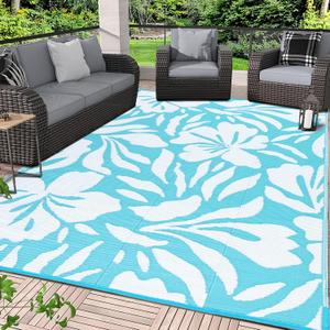 VKLIVING Outdoor Patio Rug 10'x8' - Blue-Floral - Waterproof - UV & Fade Resistant - Modern Style