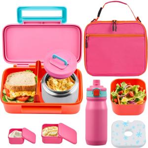 PIQUEBAR Kids Lunch Box with 8oz Thermo, Leakproof Bento Box with Insulated Bag, Kids Insulated Water Bottle with Straw, Food Lunch Container for Back to School Girls, Pink
