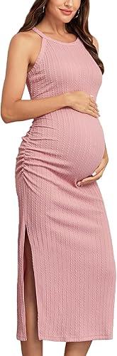AISWI 2024 Ribbed Summer Maternity Bodycon Dress Sleeveless Halter Neck Ruched Slit Pregnancy Long Dress Baby Shower Casual, Pink, Large