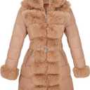 RISISSIDA Women Winter Fur Lined Coat,Puffer Jacket with Long Fur Trim Hooded, Warm Leather Bubble Overcoat Cold-resistant (Medium, Apricot)