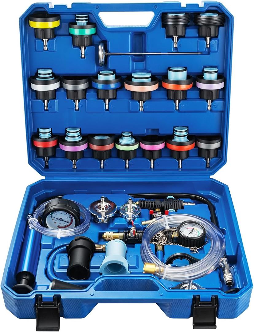 VTG VOGTEN 28PCS Coolant Pressure Tester & Vacuum Refill Kit,Radiator Pump Pressure Tester Kit for Automotive Cooling System Water Tank Leakage Detection (Blue)