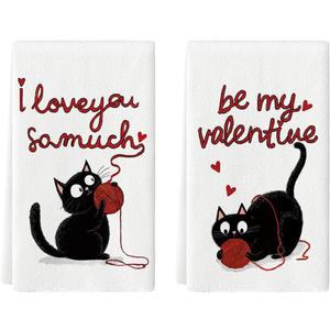 Artoid Mode Black Cats Ball Love Hearts Valentine's Kitchen Towels Dish Towels, 18x26 Inch Anniversary Wedding Decoration Cleaning Set of 2