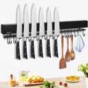 23 inch magnetic knife holder with 15 hooks, No Drilling black knife magnetic strip and utensil hanger for wall, Powerful knife magnet rack include tape and screws