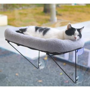 Cat Window Perch - 100% Metal Supported from Below - Comes with Warm Spacious Pet Bed - Cat Window Hammock for Large Cats & Kittens - for Sunbathing, Napping & Overlooking (Grey) (Gray)