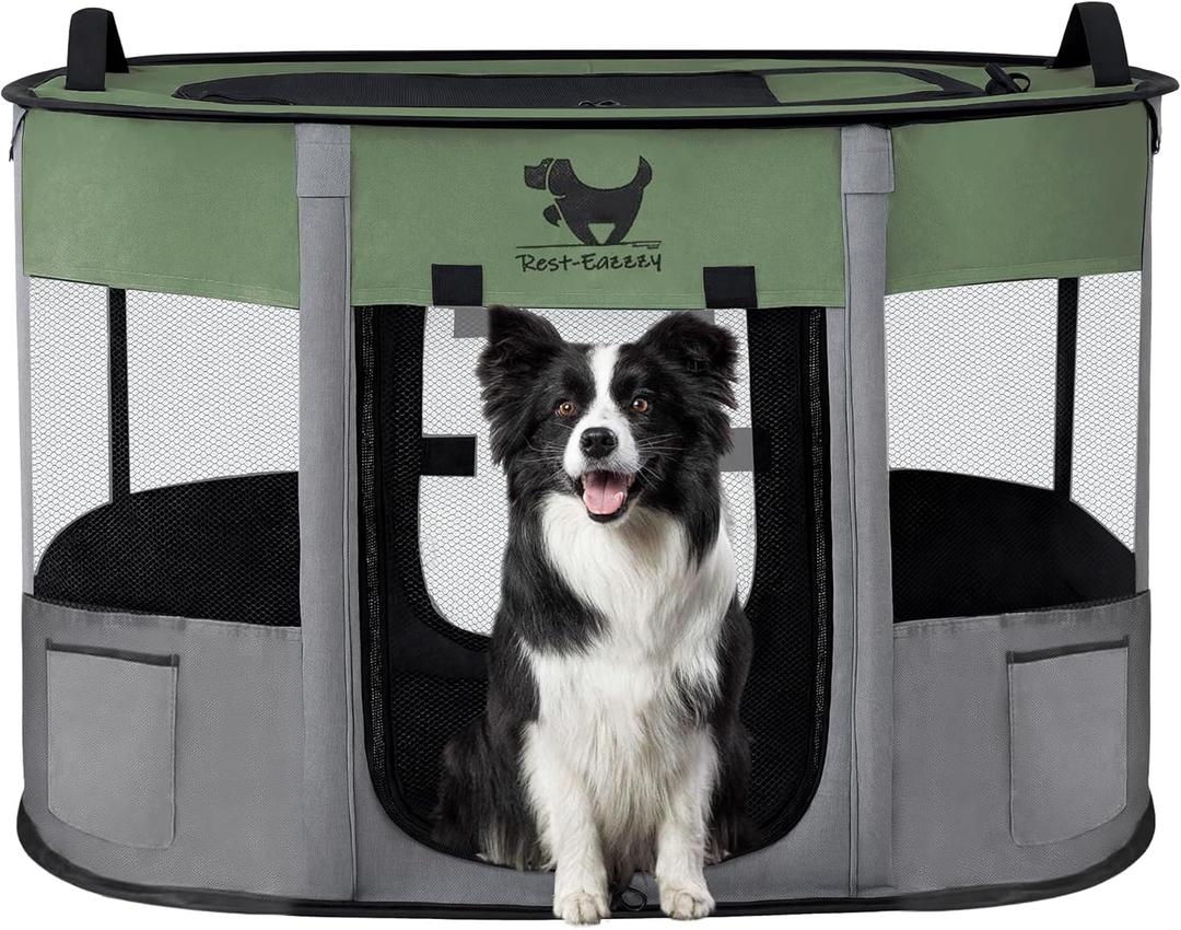 Rest-Eazzzy Dog Playpen, Foldable Kitten Playpen for Medium Dogs, Portable Pet Puppy Playpen with Removable Shade Cover, Indoor Outdoor Travel Camping Use for Small Pets with Carrying Case (M, Green)