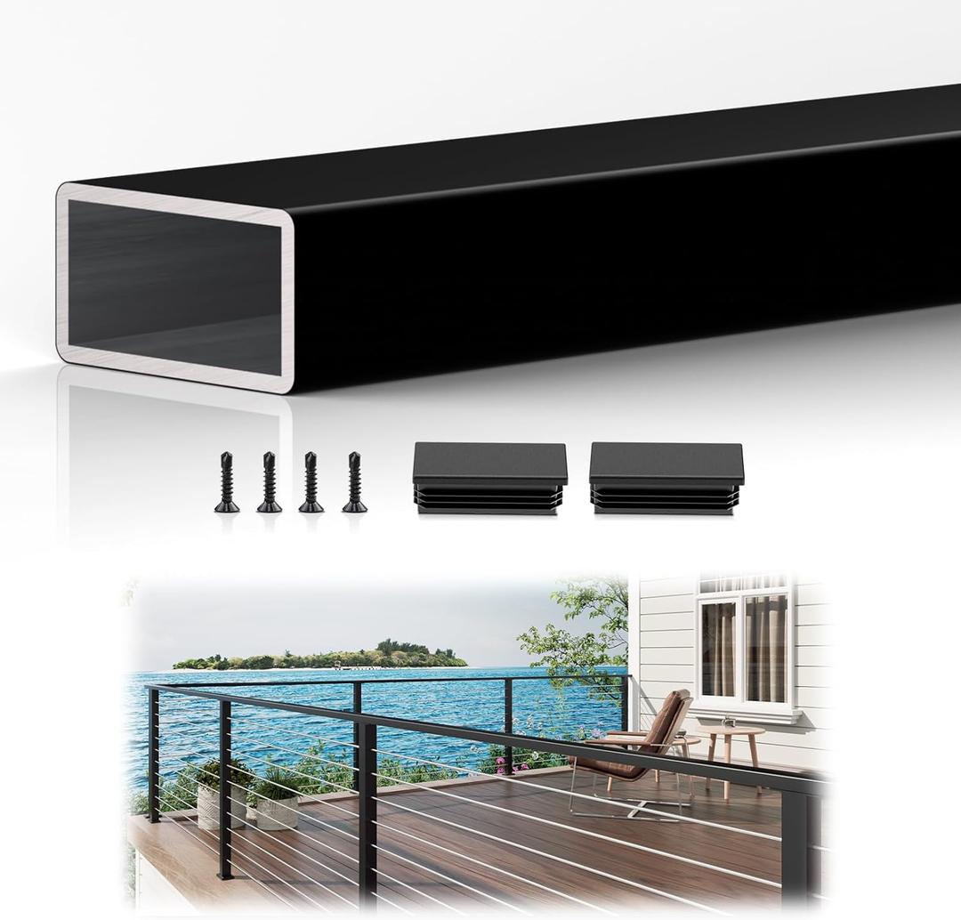 1 Pack 4FTx 2"x1" Aluminum Black Handrail with Nylon End Caps Self Drilling Screws, Rectangular Handrail Cuttable Flat Top Rail for Deck Stair Railing Indoor Outdoor Cable Railing System