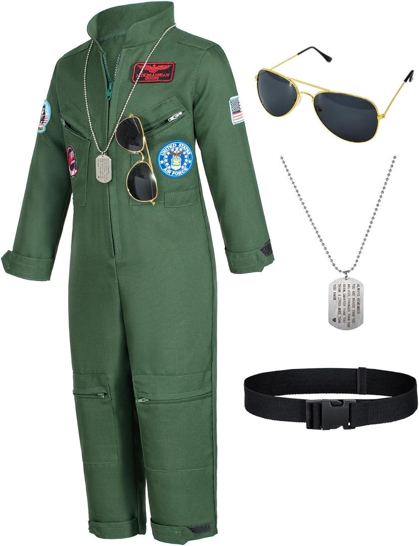 Kids Fighter Pilot Costume - Air Force Flight Suit Roleplay Dress Up with Aviator Accessories for Girls Boys (10-11 Years, Army Green)
