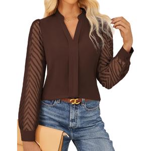 GRACE KARIN Women Business Casual Tops Sheer Lace Long Sleeve Blouses Work Office Pleated V Neck Shirt Fall Formal Outfits (Brown), Medium