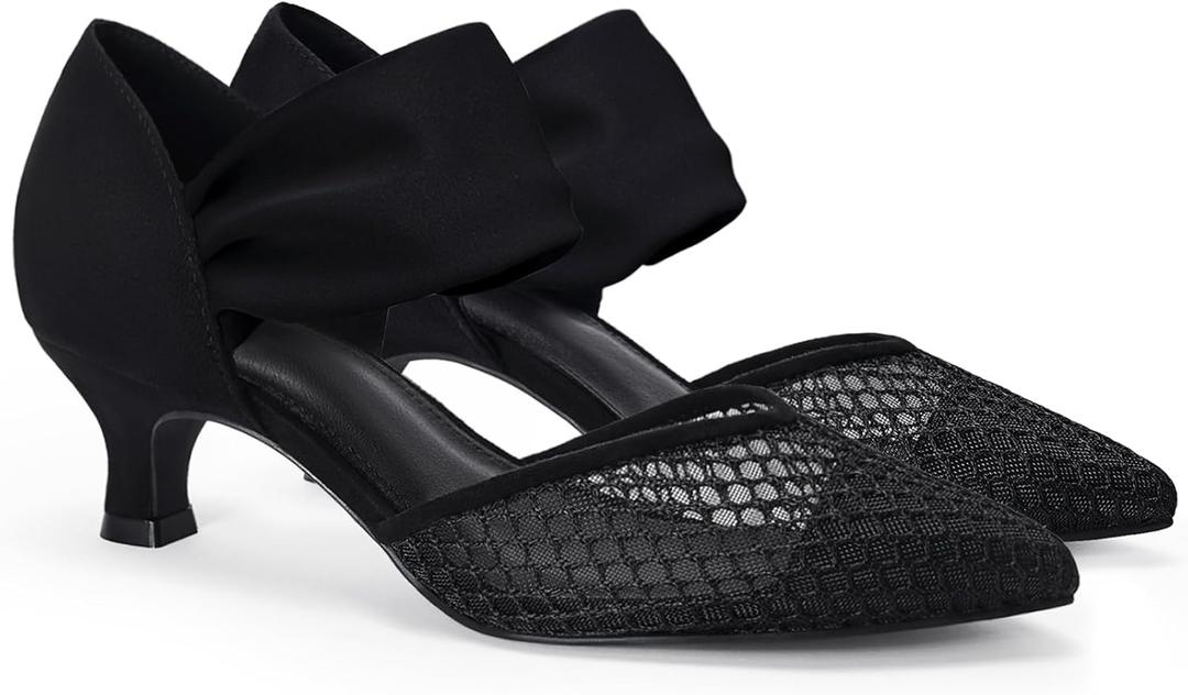 Coutgo Womens Low Kitten Heel Dress Shoes Pointed Toe Slip on Ankle Strap Cutout Elegant Party Wedding Pumps (9, Mesh Black)
