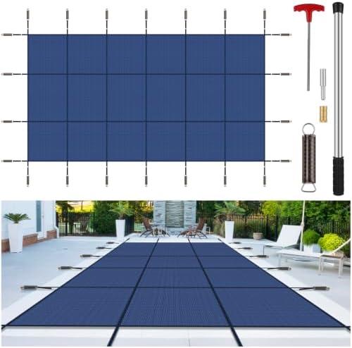 Inground Pool Cover Safety Fits Rectangle Swimming Pool, Mesh Solid Pool Cover for Inground Pools,Winter Pool Safety Cover Includes Safety Net and Installation Tools Blue (Blue, Fits 14x28ft Pools)