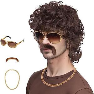 M MISS U HAIR 70s Wigs for Men Disco Wig for Halloween Party Short Brown Feathered Hair with Glasses Gold Necklace Mustache