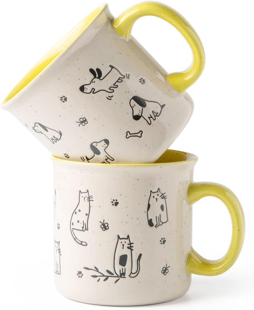 AmorArc 22 OZ Large Ceramic Coffee Mugs Set of 2, Oversized Mugs With Big Handle for Men Women Dad Mom, Big Mug With Textured Dogs Cats Patterns for Office & Home -Microwave Safe, 2 Pcs-Yellow (2 Count (Pack of 1)