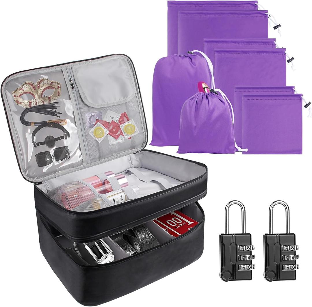 Large Lockable Adult Toy Storage Bag, Toy Box Adult Toy Gaming Storage Organizer Case,2-Layer Discreet Toy Bag with Dual Locks for Women and Men with 6 Pcs Microfiber Drawstring Toy Storage Bags