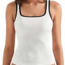 SUUKSESS Women Padded Cotton Ribbed Long Tank Tops Casual Summer Going Out Sleeveless Scoop Neck Basic Cami Tops (Small, 04 White-black)