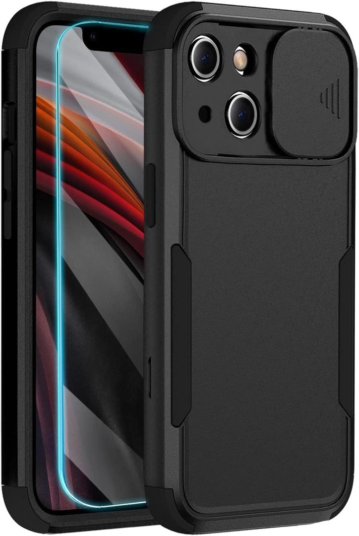 iPhone 13/14 Heavy Duty Case with Camera Slide Cover, Screen Protector & Wireless Charging Compatibility for 6.1 inch iPhone, Black iPhone 13/14 Heavy Duty Case with Camera Slide Cover, Screen Protector & Wireless Charging Compatibility for 6.1 inch iPhone, Black