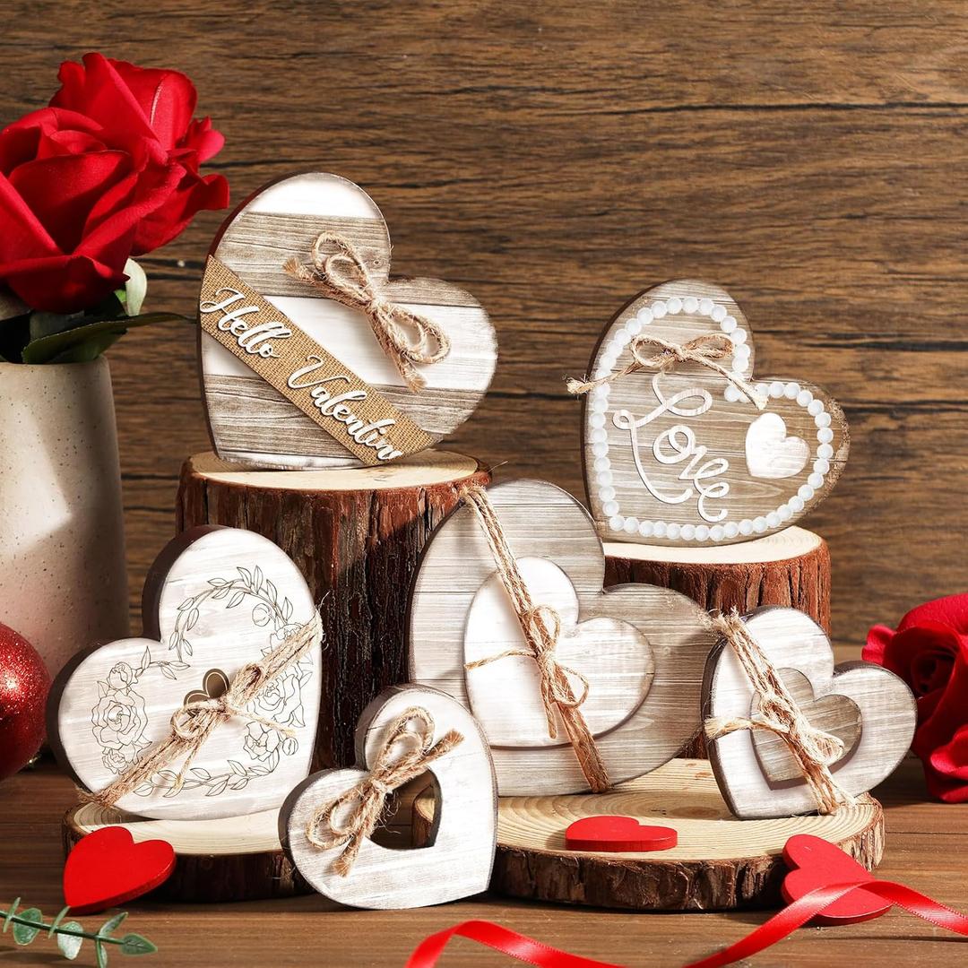 Wonderjune 6 Pcs Valentine's Day Decorations Rustic Heart Shaped Wooden Sign Farmhouse Love Wood Block Table Centerpiece Valentines Tiered Tray Decor for Valentines Day Wedding Home (Neutral Style)