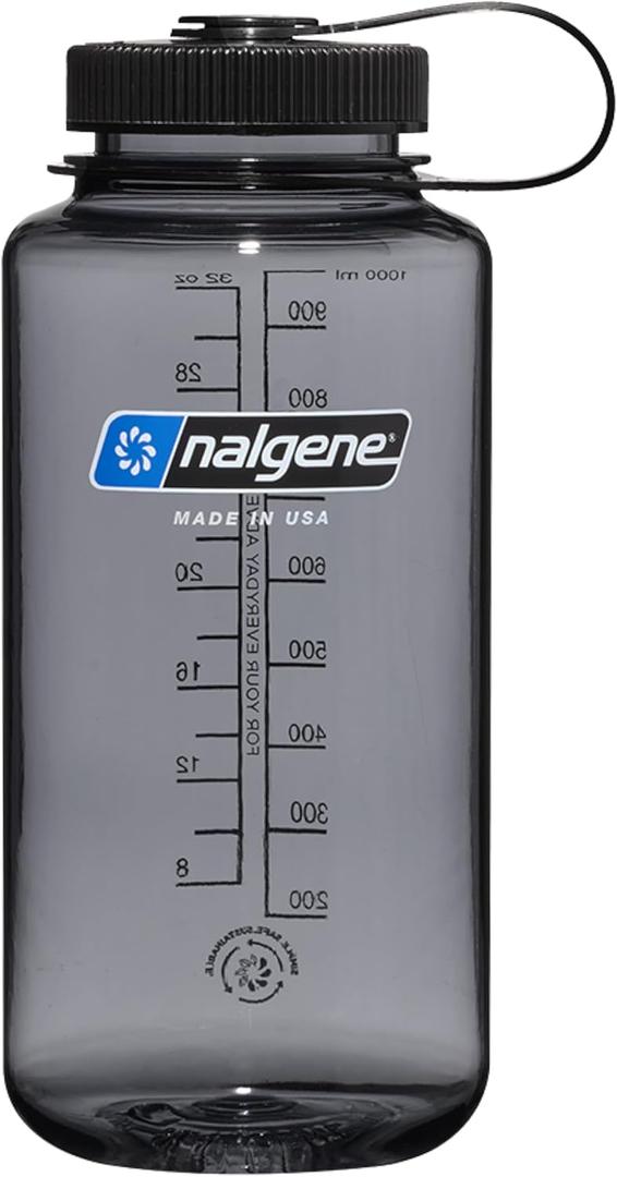 Nalgene Sustain Tritan BPA-Free Water Bottle Made with Material Derived From 50% Plastic Waste (using ISCC certified mass balance), 32 OZ, Wide Mouth (Gray w/ Black Lid)