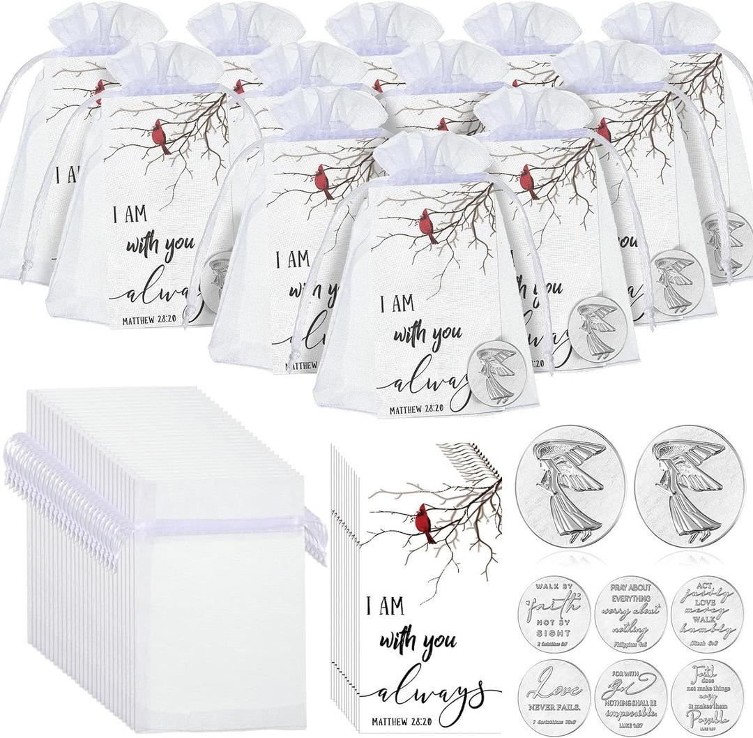 Fumete 72 Pieces Memorial Angel Sign Coins Set Pocket Token Guardian Pocket Angel Coins Red Cardinal Poem Cards Prayer Cards White Organza Bags Gift Charms Presents for Family