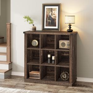 GarveeHome 9 Cube Storage Organizer Bookshelf, 4 Tier Farmhouse Horizontal Bookcase, 37.4 Inch Wood Storage Bookcase for Entryway, Long Low Bookshelves for Living Room-Black Oak