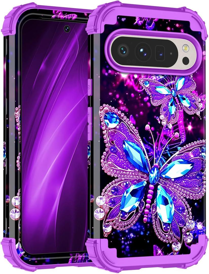 Miqala for Google Pixel 9 Pro XL Case, Glow in The Dark Three Layer Heavy Duty Shockproof Full Body Protection Hard Plastic Bumper+Soft Silicone Case for Google Pixel 9 Pro XL, Dark Butterfly