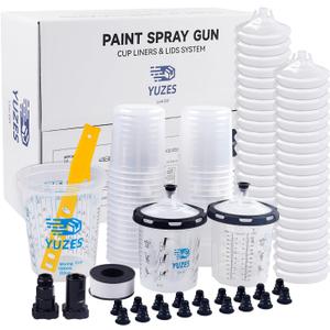 YUZES Disposable Paint Gun Cups 20 Ounce(600ML), 40 Disposable Paint Cups Liners and Lid, 2 Hard Cup with Retainer Ring, 2 Paint Mixing Cups 32oz, 20 Plugs, PTFE Tape, Stirrer, 2 Spray Gun Adapter