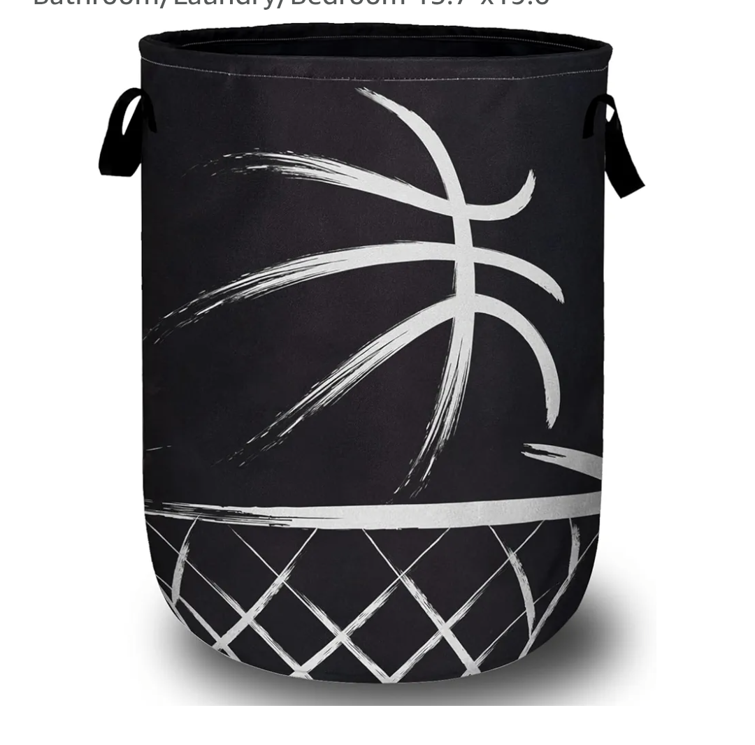 Black Basketball Laundry Basket, Foldable Sport Ball Theme Laundry Hamper Tote Bag Dirty Clothes Storage Bucket Toy Organizer for Bathroom/Laundry/Bedroom 15.7"x19.6"