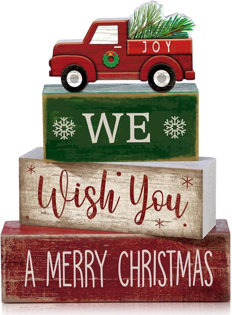 Lineshading 4 Pcs Rustic Christmas Decor Wooden Red Truck Winter Tiered Tray Decor Merry Christmas Table Centerpiece Wood Red Truck Block Sign Gift Farmhouse for Home Kitchen Tabletop Office Shelf