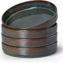 E-far Pasta Bowls Set of 4, 35oz Large Salad Bowl Plate for Dinner Serving, Wide & Shallow Ceramic Stoneware Pasta Plates, Microwave & Dishwasher Safe, Reactive Glaze Textured Stripes, Blackish Green