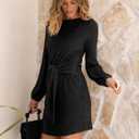 ANRABESS Womens 2025 Fall Dress Long Lantern Sleeve Ribbed Knit Casual Tie Waist Lightweight Mini Sweater Dress (Large, Black)