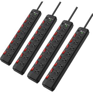 4PCS 8 Outlet Heavy Duty Power Strip with 8 Individual Switches,Moutable Metal Power Strip Surge Protector 1200 Joules,6FT 14AWG Extension Cord,15A 1800W 125V 60Hz