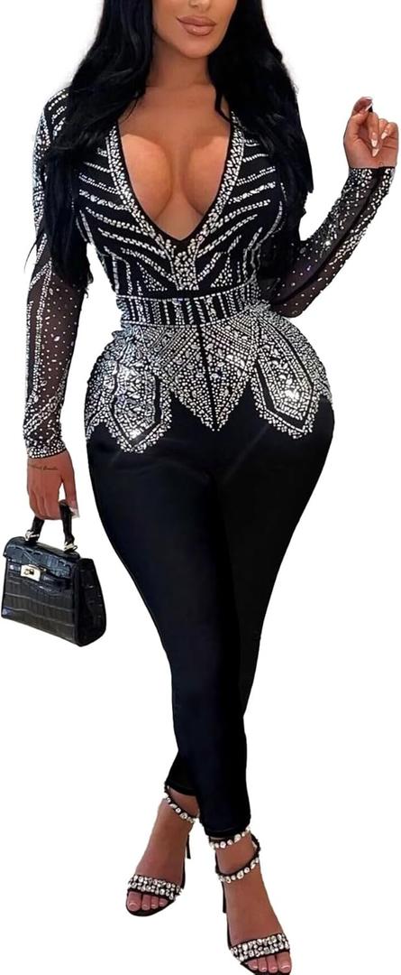 Nagfar Women Hot Drilling Rhinestone Sexy Elegant Bodycon Jumpsuits Birthday Party Club Night Rompers (Large, 9g Black)