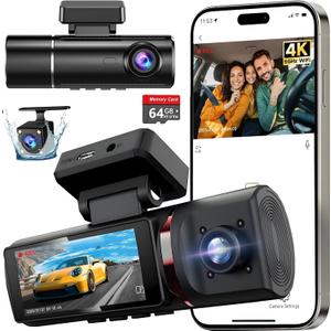 3 Channel 4K Dash Cam Front, 1080P Dash Camera Rear and Inside for Cars with 3.16 IPS Screen, 64GB Card, G-Sensor, 24Hr Parking, App Control,Loop Recording, Night Vision,Support 256GB Max (Deep Black)